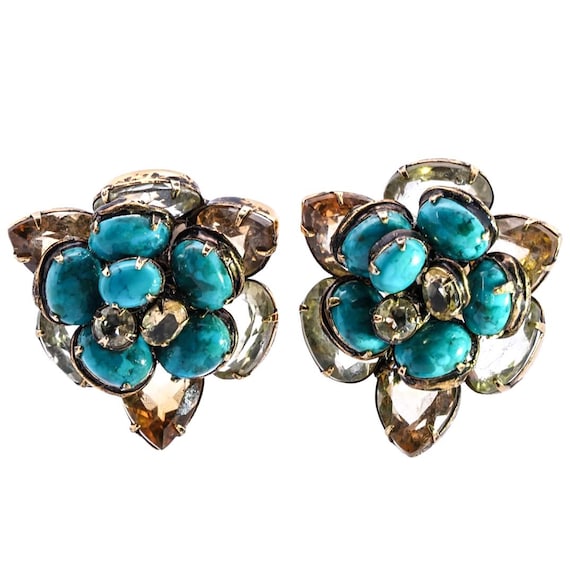 Spectacular Iradj Moini Turquoise & Citrine Flower  Clip On Earrings