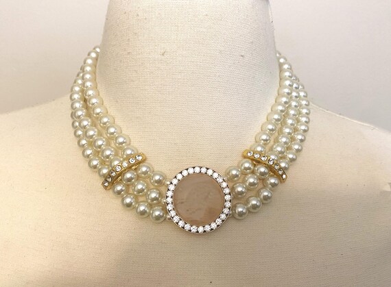 Vintage Faux Pearls, Rhinestones & Rose Quartz Choker Necklace