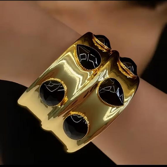 Gorgeous Gold Tone Brass & Black Resin Cabochon Cuff Bracelet
