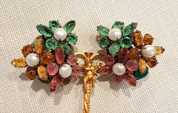 Iradj Moini Pearl, Green, Yellow & Pink Art Glass Flowers Clip On Earrings