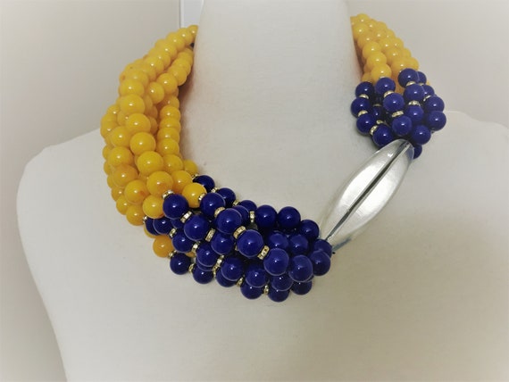 Gorgeous Modernistic Lucite Multi Strand Yellow & Blue Acrylic Necklace