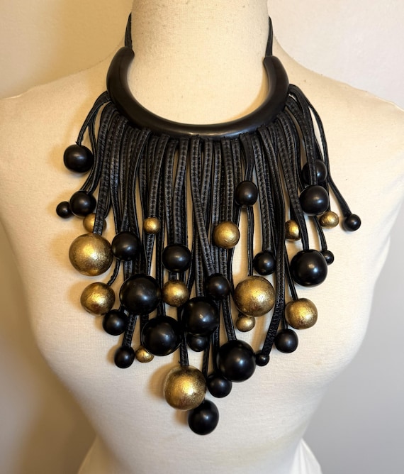 Gerda Lynggaard Monies Ebony & Leather Fringe W Black, Gold Beads Necklace