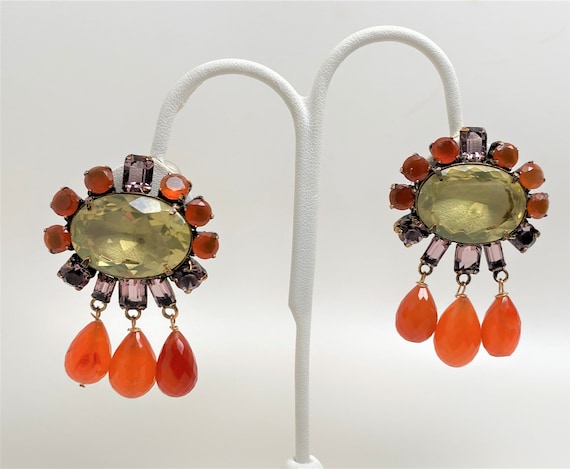Spectacular Iradj Moini Citrine & Carnelian Dangle Clip On Earrings