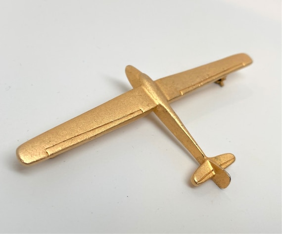 Vintage Art Deco Gold Plated Satin Gold Airplane Pin Brooch