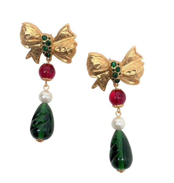 Faux Pearl, Red & Green Glass Cabochon Gold Plated Signed Pierced Long Earrings