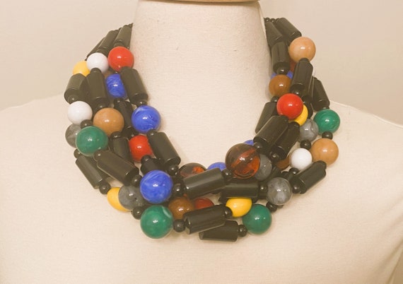 Gorgeous Multi Color Resin & Acrylic Black Tubular Beads Six Strand Necklace