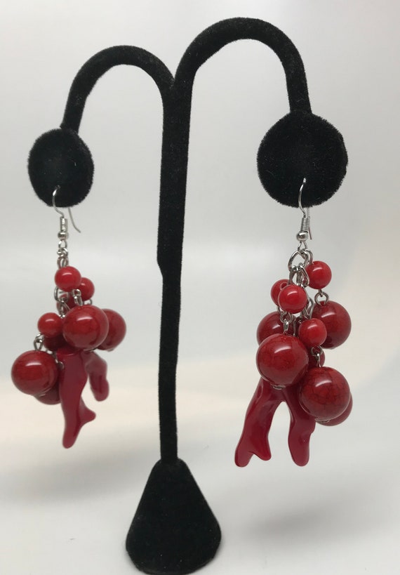 Stunning Resin Red Beads Dangle Long Pierced Earr… - image 3