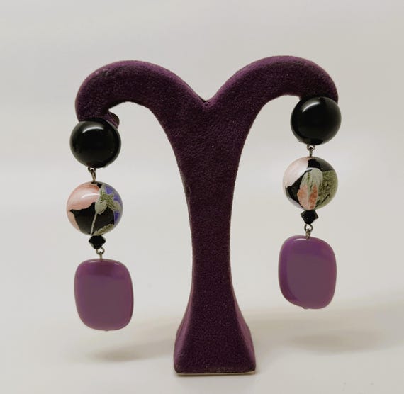 Angela Caputi Black & Purple Resin Flowers Print Clip On Earrings