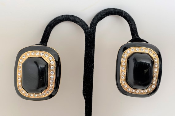 Vintage Black Enamel & Rhinestones Large Clip On Earrings