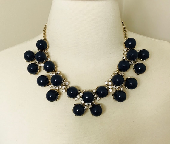 Gorgeous Vintage Dark Blue Resin Cabochon & Rhinestone Necklace