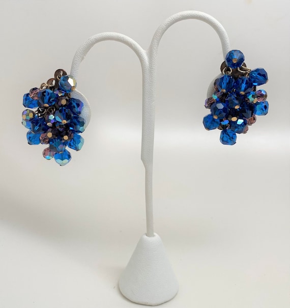 Vintage Blue & Purple Cha Cha AB Rhinestone Clip On Earrings
