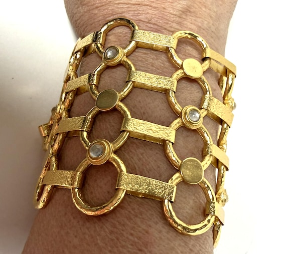 Stephanie Kantis Gold Plated, Clear Glass Cabochon Wide Bracelet