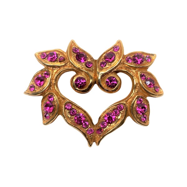 Vintage Christian Lacroix Gold Plated & Pink Crystal Large Heart Pin Brooch