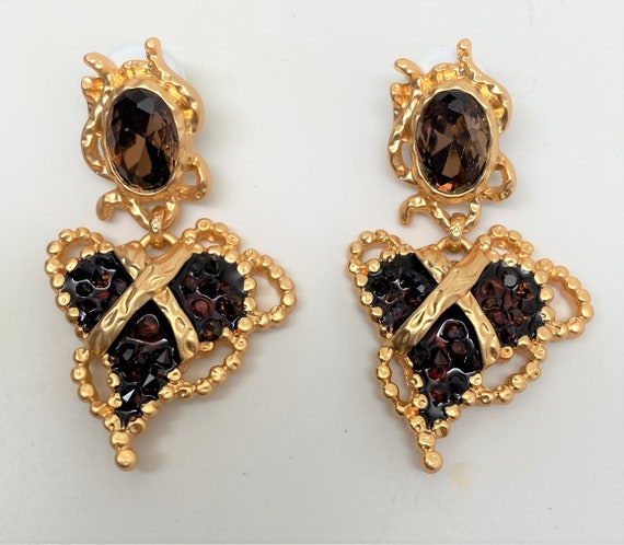 Stunning Brown Art Glass & Rhinestone Cabochon Gold Plated Pierced Long Earrings