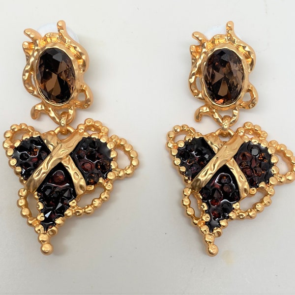 Stunning Brown Art Glass & Rhinestone Cabochon Gold Plated Pierced Long Earrings