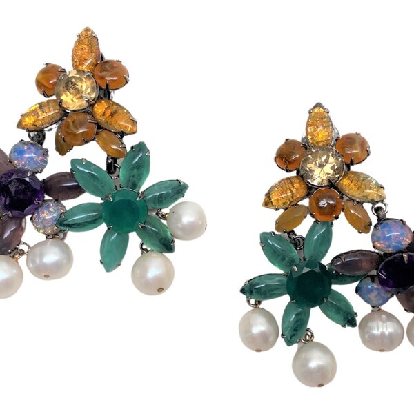 Spectacular Iradj Moini Triple Flower and Pearl Drops Dangle Clip On Earrings