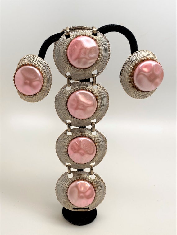 Vintage Statement Bracelet and Clip On Earrings White Washed Gold Tone With Pink Faux Pearl