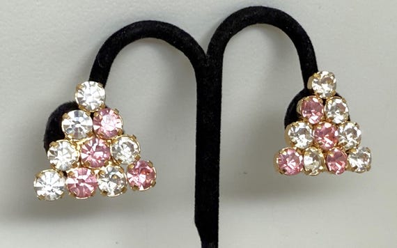 Vintage Pink & Clear Large Rhinestone Clip on Earrings