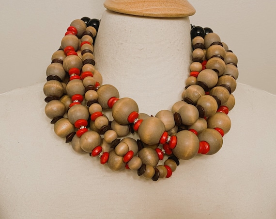 Natural Wood Beads, Red & Rhinestone Rondelles Multi Strand Statement Necklace