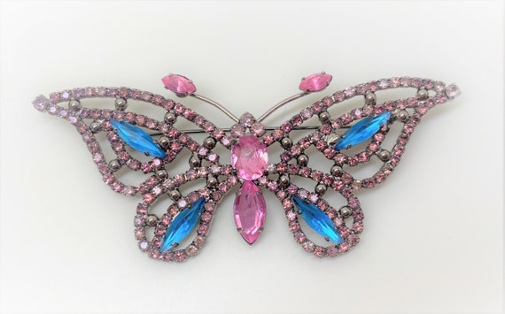 Vintage Silver Tone Large Butterfly Navette Rhinestones Pin Brooch