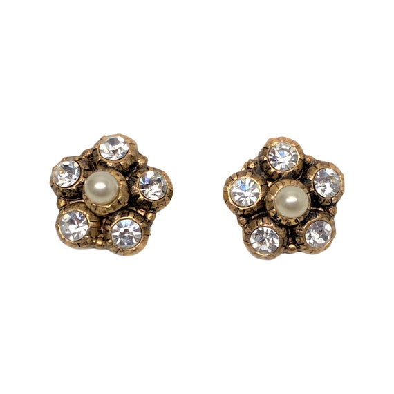 Vintage Faux Pearl & Crystal Clip Earrings - image 3