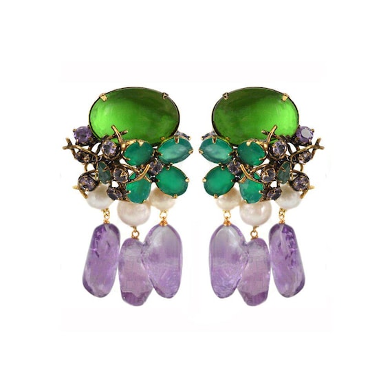 Iradj Moini Pearl, Amethyst, Green Agate, Emerald Drop Clip On Earrings