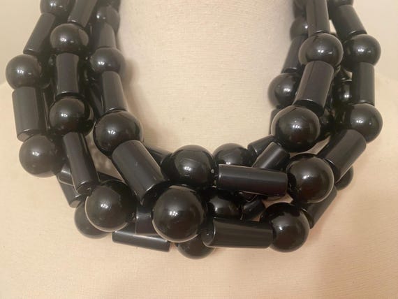 Gorgeous Modernistic Black Round & Tubular Acrylic Beads Multi Strand Necklace