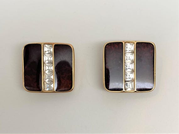 Vintage S.A.L. Swarovski Crystal & Brown Enamel Clip Earrings