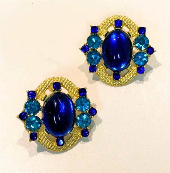 Gold Tone & Blue Rhinestone Cabochon Pierced Earrings