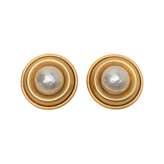 Vintage Gold Tone & Faux Pearl Cabochon Clip Earrings