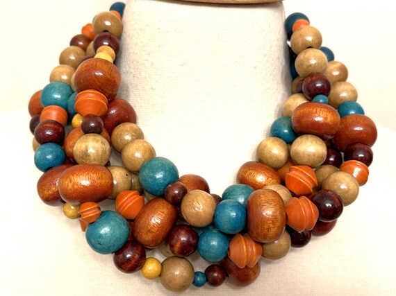 Gorgeous Painted Wood Beads Multi Strand Necklace