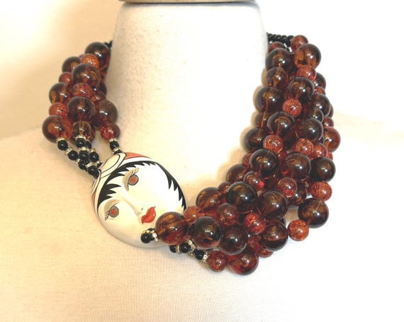 Art Deco Style Enamel Face Mask Brown Color Resin Beads, Rhinestones Necklace