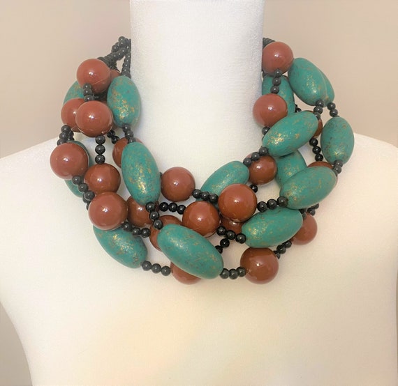 Fabulous Cream Color Resin & Blue painted Beads Multi Strand Necklace