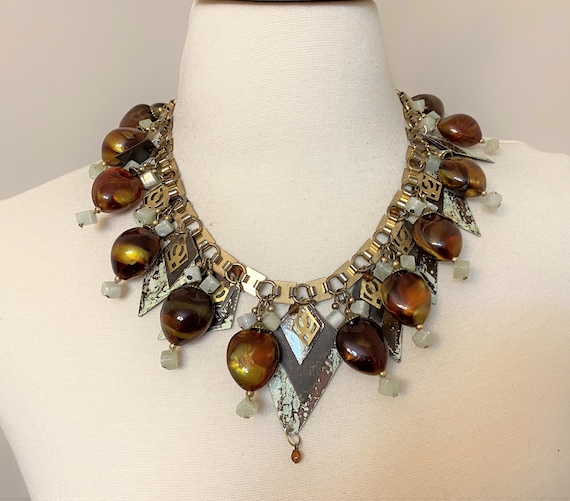 Vintage Painted Copper & Resin Beads Fringe Statement Necklace