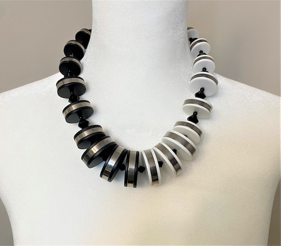 Angela Caputi Black & White Resen Disks With Silver Rim Choker Necklace