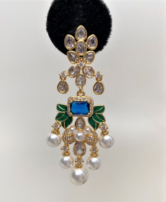 Fab Clear Bezels, Enamel , Faux Pearl & Rhinestones Dangle Pierced Earrings