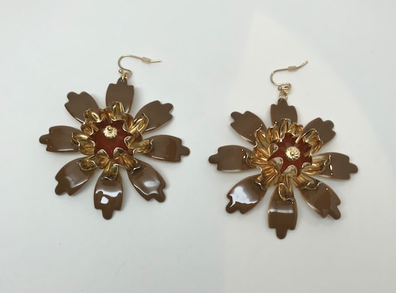 Large Brown Enamel Flower Dangle Pierced Earrings