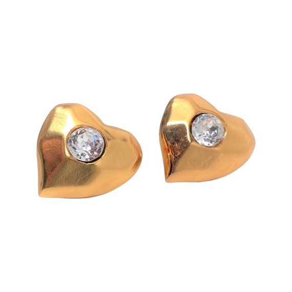 Vintage Christian Lacroix Gold Plated Large Crystal Heart Clip on Earrings