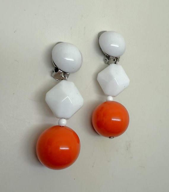 Italian Designer Angela Caputi Gorgeous White & Orange Resin Clip On Earrings