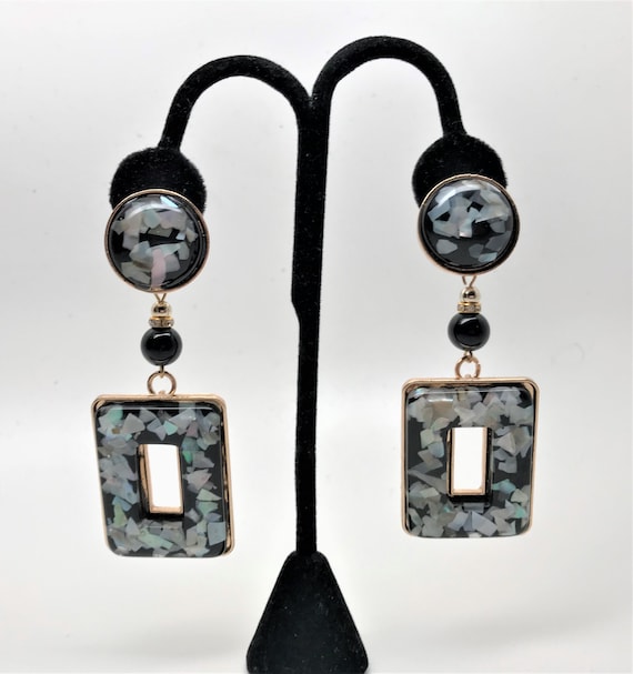 Graffiti Black & Mother Of Pearl Resin With Rhinestone Rondelle Pierced Earrings