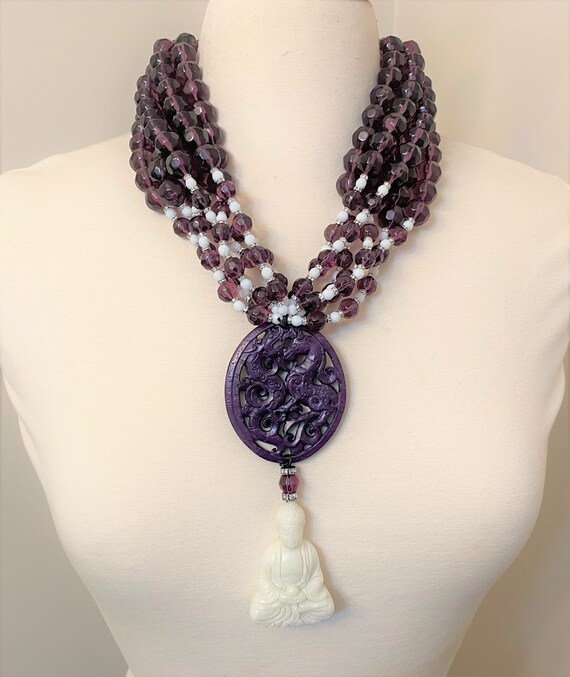 Exquisite Amethyst & White Resin Color Beads, Dyed Jade Dragon - Buddha Necklace