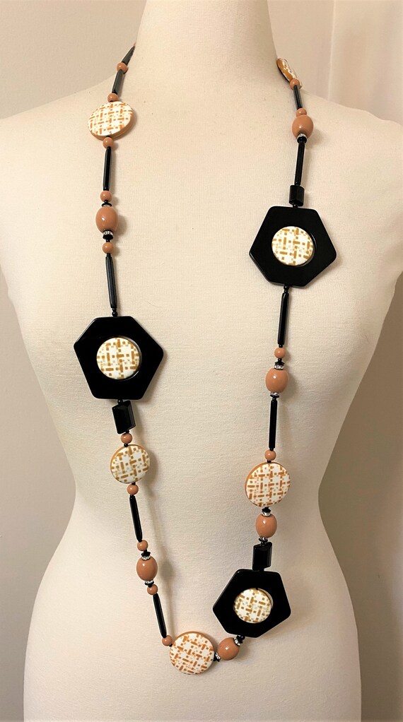ANGELA CAPUTI Black & Brown Color Acrylic Beads Geometric Long Necklace 48"