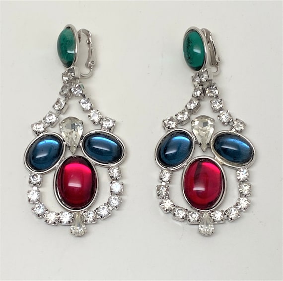 Vintage Rhinestones, Large Red, Blue & Green Cabochons Clip on Earrings
