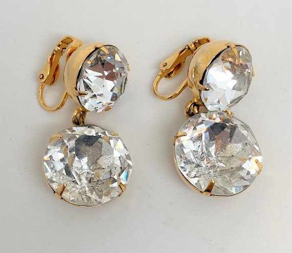 Vintage Gold Tone & Large Crystal Dangle Clip On Earrings