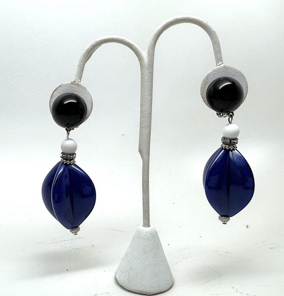 Angela Caputi Black, Navy Blue & White Resin Clip On Earrings