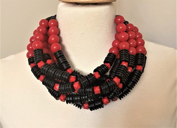 Multi Strand Red & Black Acrylic Beads Necklace Angela Caputi Style
