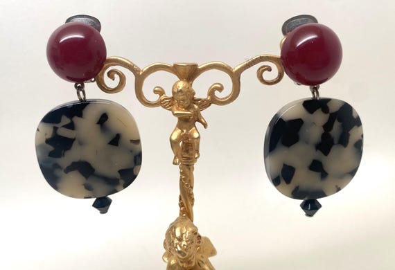 Angela Caputi Tortoise & Burgundy Resin Clip On Earrings