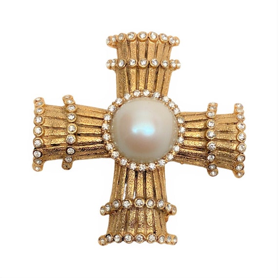 Diane Von Furstenberg Cross Faux Pearl Cabochon & Rhinestones Cross Brooch Pin
