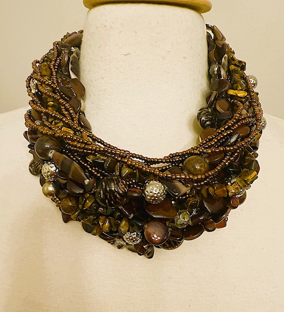 Vintage Brown Seeded Glass Beads, Tiger Eye & Silver Multi Strand Necklace