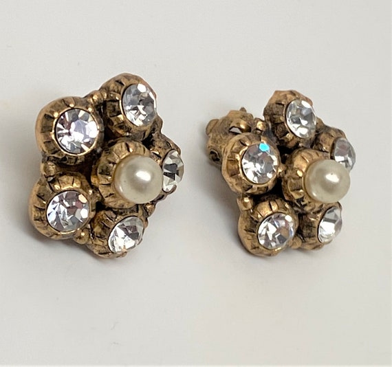 Vintage Faux Pearl & Crystal Clip Earrings - image 1